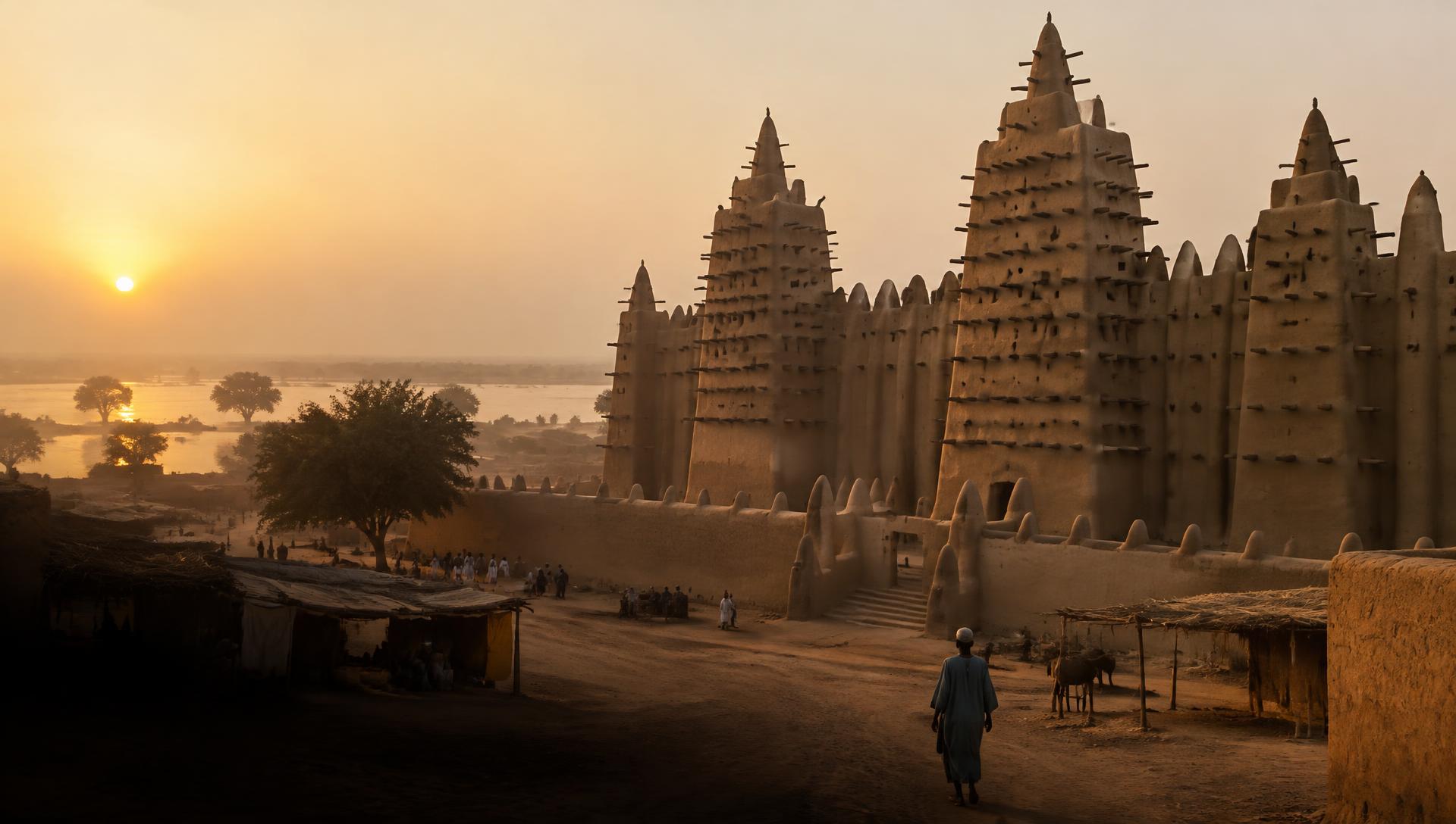 Illustrative scene of a monumental earthen mosque with projecting wooden beams beside a river floodplain at dusk